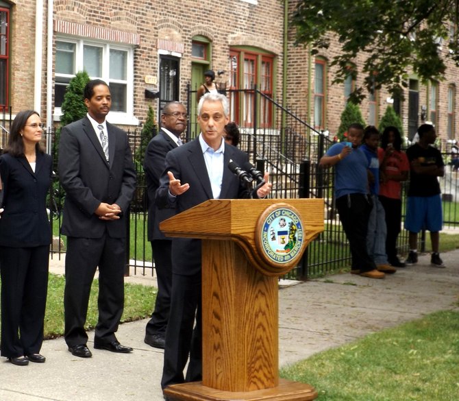 Chicago Mayor Rahm Emanuel, Ill. Attorney General Lisa Madigan, 9th Ward Ald. Anthony Beale and Chicago Neighborhood Initiative (CNI) Board Chair, Rev. Merlon Jackson on Tuesday, joined representatives of several housing advocates to announce the funding provided by Madigan and stems from her lead role in obtaining a historic $25 billion national settlement with the country’s five largest bank mortgage servicers. The 2012 settlement addressed allegations of widespread robo-signing of documents and other fraudulent practices by banks during foreclosure proceedings.