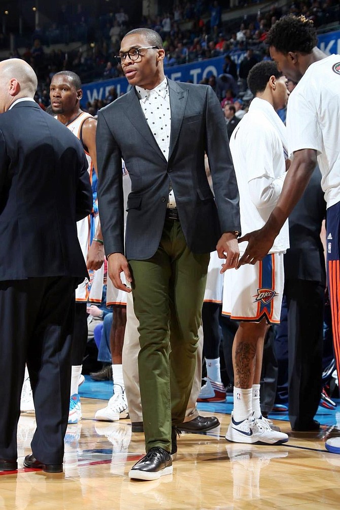 Russell Westbrook has become famous around the league for his off-the-court loud fashion choices, highlighted while he was sidelined with a knee injury in 2013.  