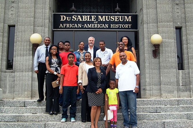 Row 1 - Demetrius Ford (Back Left) Andrea Reed,Donna Jones, Ward Miller, Joyce Chapman,
Row 2  - Joyce Jackson, U.S. Congresswoman Robin Kelly (IL-2nd), Larry Lawrence pose for a picture in front of the DuSable Museum of African-American History, 740 E. 56th Pl. during the 50th Anniversary of Freedom Summer commemoration bus tour.  