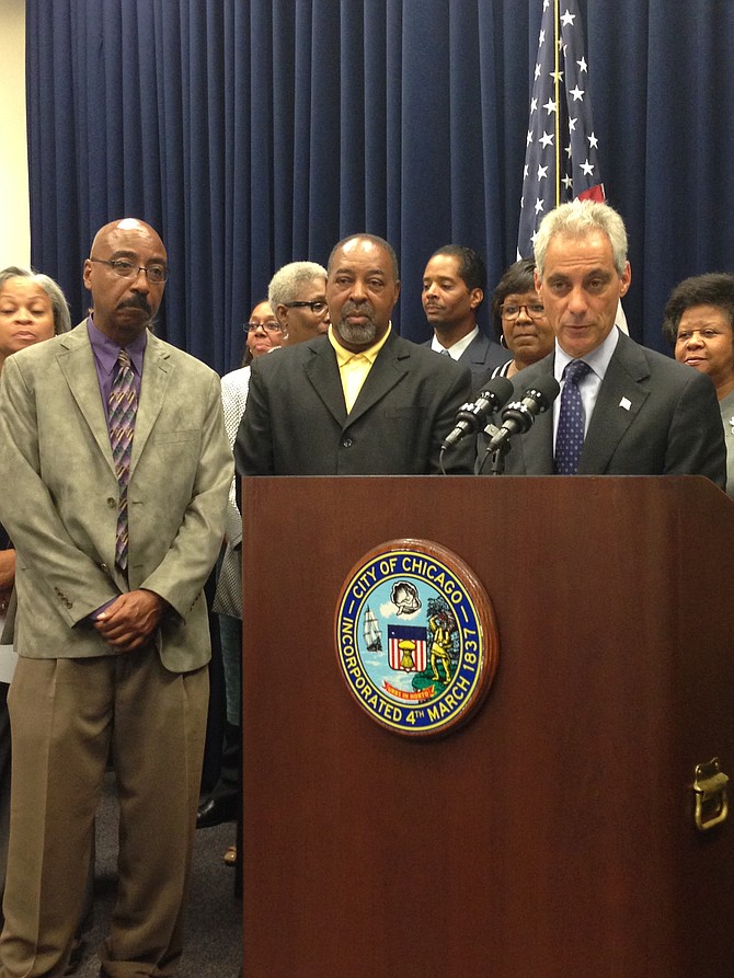 Chicago Mayor Rahm Emanuel (right) stands with Chicago Football Classic (CFC) co-founders, Larry Huggins and Everett Rand (far left), during a press conference about the upcoming 17th Annual Chicago Football Classic (CFC) to be held at Soldier Field, 1410 Museum Campus Dr., on Sept. 20, 2014 and will feature a standoff between Morehouse College from Atlanta, Ga. and  Central State University from Wilberforce, Ohio.