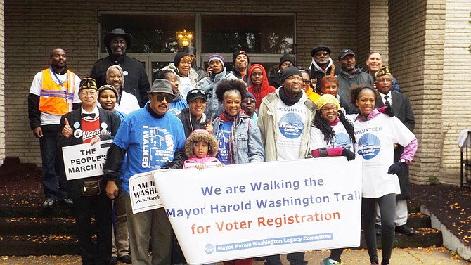 Front row center to right: Actress, T'Keyah Crystal Keymáh of In Living Color fame, Wendell Mosely, co-emceed The Mayor Harold Washington Legacy Committee’s (MHWLC) voter registration walk and rally on Saturday, Oct. 4, 2014; Charlita Fain, a Family Practice physician and Dr. Gabrielle Barber, were among the participants who took part in the walk/run portion of the event.