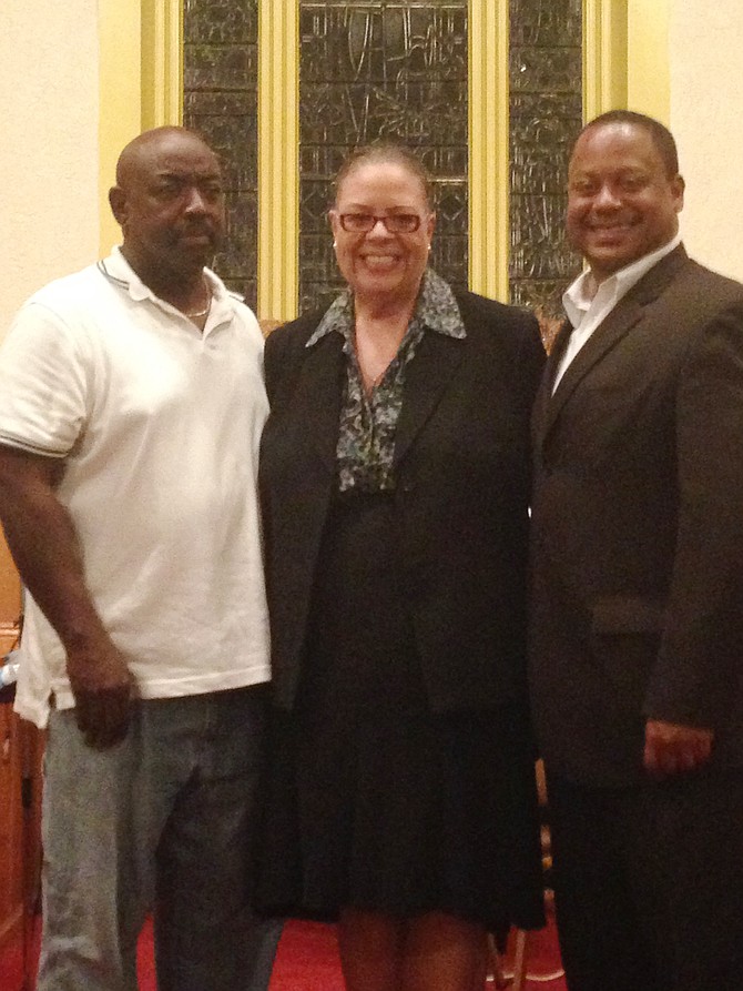 Roosevelt Vonil, Karen Lewis, Roderick Sawyer: Greater Chatham Alliance, president, Roosevelt K. Vonil. Chicago Teachers Union, president, Karen Lewis, and Ald. Roderick Sawyer (6th Ward) pose for a picture inside  of Crerar Presbyterian Memorial Church, 8100 S. Calumet Ave. after Lewis completed her public speaking event, Conversations with Karen, where she addressed Chicago’s “hot topics.”