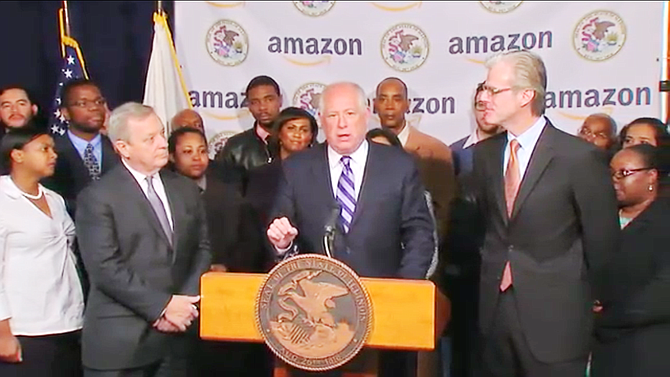 U.S. Senator Dick Durbin (Ill.-D), Ill. Gov. Pat Quinn, and Paul Misener, Amazon vice president, recently announced that Amazon.com Inc. would create more than 1,000 new jobs and invest 75 million dollars in capital funds in Illinois by 2017.