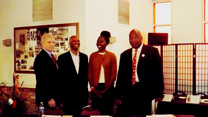 L-R Mayoral candidates, Ald. Bob Fioretti (2nd Ward); community and political activists, Bill “Dock” Walls; business owner, activist, Dr. Amara Enyia; former Cook County Commissioner, Robert Shaw pose for pictures Saturday, Nov. 1, 2014, during a mayoral candidates forum held at St. Paul Community Development Ministries, 4526 South Wabash.
