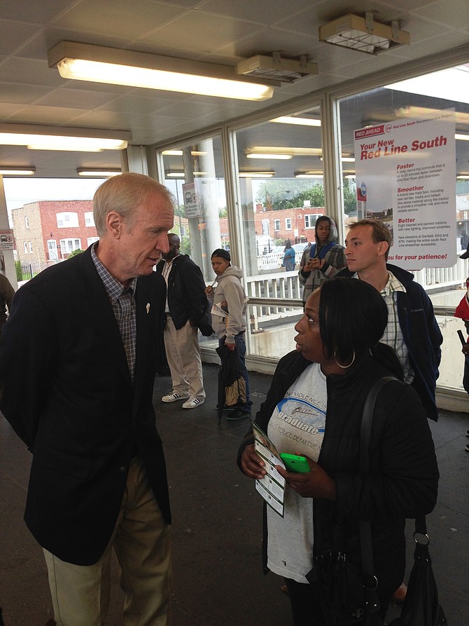 In this photo taken on Sept. 15, governor-elect Bruce Rauner, makes a  campaign stop to greet potential voters at the 95th & Dan Ryan bus/train terminal. Bruce Rauner defeated incumbent governor, Pat Quinn, by a margin of 7% or roughly 49,000 votes according to the Cook County Clerk’s office as of Nov. 10.