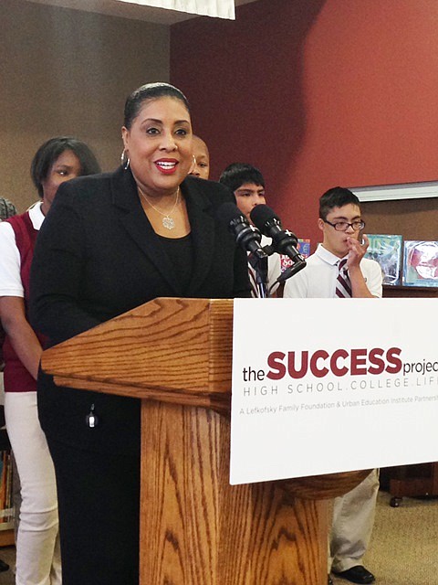 Rebecca Stinson, Claremont Academy Elementary school Principal, speaks during a press conference held within the school, 2300 W. 64th St. in Chicago, announcing the new Success Project, an initiative that will assist Chicago Public School middle school students select the "right fit" high school and college. 