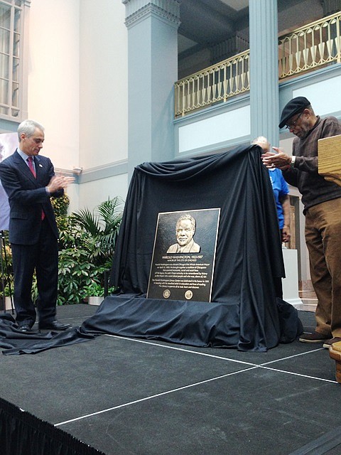 L-R: Chicago Mayor Rahm Emanuel and Dr. Conrad Worrill joined unveil the Harold Washington plaque at the Harold Washington Learning Center (HWLC), 400 S. State on Nov. 14. 2014.