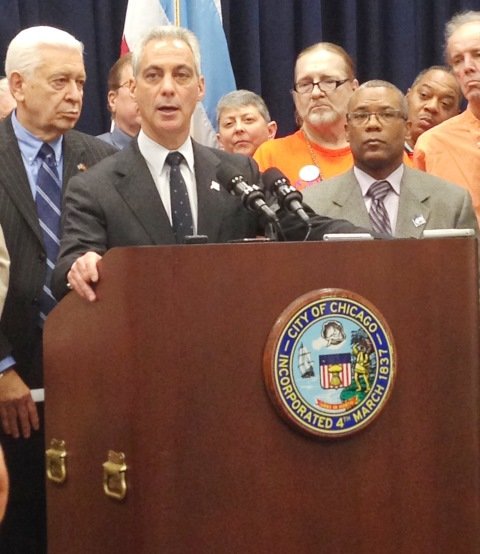  L-R: Ald. Ray Suarez (31st Ward), Chicago Mayor Rahm Emanuel and Alderman Walter Burnett (27th Ward) addressed the media at a press briefing held at Chicago’s City Hall, 121 N. LaSalle St., on Nov. 12, 2014 to announced the passing of the Single-Room Occupancy and Residential Hotel Preservation Ordinance which preserves affordable-single room occupancy (SRO) buildings and establishes the legal framework to generate revenue to support building owners. 