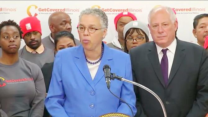 Cook County Board President, Toni Preckwinkle, stood with Ill. Gov. Pat Quinn as he called for all uninsured Illinoisans to register and shop for health care through the online market place made available on the Affordable Care Act's online marketplace.  