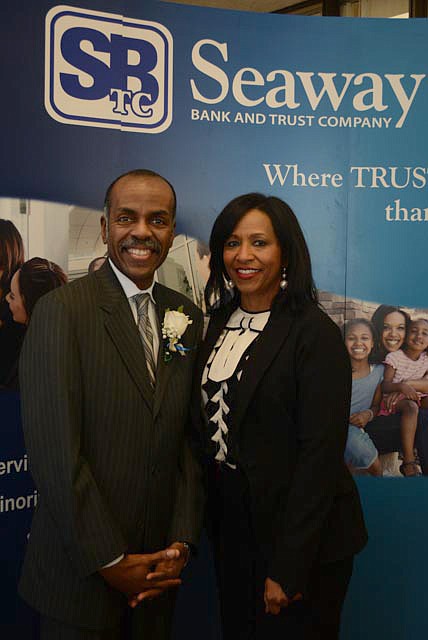 (L-R) Eli H. Washington, Chairman of the Board of Directors, Chesterfield Community Council and Veranda L. Dickens, chair of Seaway Bank’s  Board of Directors– this organization has been with Seaway since 1965. Seaway Bank celebrates its 50th Anniversary this month.