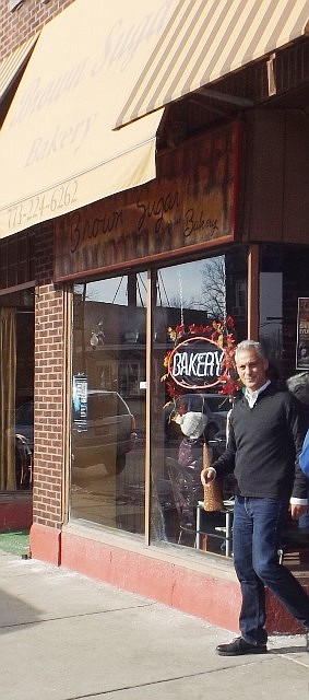 Chicago Mayor Rahm Emanuel shown here leaving a south side business luncheon hosted by Melinda Kelly, executive director of Chatham Business Association and Stephanie Hickman a local resident and business owner and Mae Whiteside on Saturday, Jan. 17, 2015 at Brown Sugah Bakery, 328 E. 75th St.