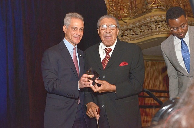 Chicago Mayor Rahm Emanuel presented Civil Rights activist, Rev. Dr. Clay Evans, 89, with the City of Chicago’s Champion of Freedom Award during the 29th Annual Interfaith Breakfast held Friday at the Chicago Hilton Hotel.