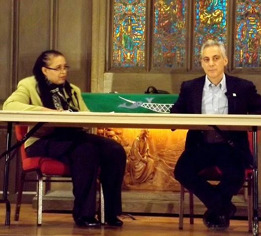 NPR correspondent, Cheryl Corley posed questions to Chicago Mayor Rahm Emanuel and candidates in the race to become Chicago’s next mayor during the Chicago Women Take Action Alliance, Mayoral Candidates forum held Sat. Jan. 24 at Chicago Temple, 77 W. Washington St.