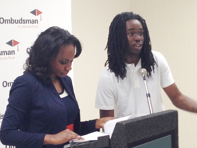 At Ombudsman Chicago South's (OCS), 6057 S. Western Ave., celebratory breakfast last week, WGN-TV reporter Courtney Gousman asked OCS student Baron Bass about his life and how he came to be a student at OCS. Ombudsman Chicago South is a Chicago Options School program that specializes in providing academic assistance to youth who are seeking their high school diploma.