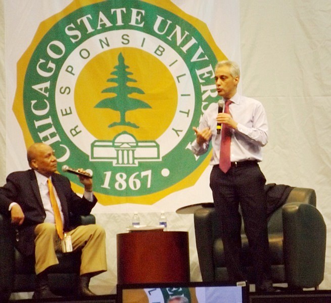 L-R: ABC 7 News reporter, Charles Thomas and Chicago Mayor Rahm Emanuel during a Mayoral Forum at Chicago State University.