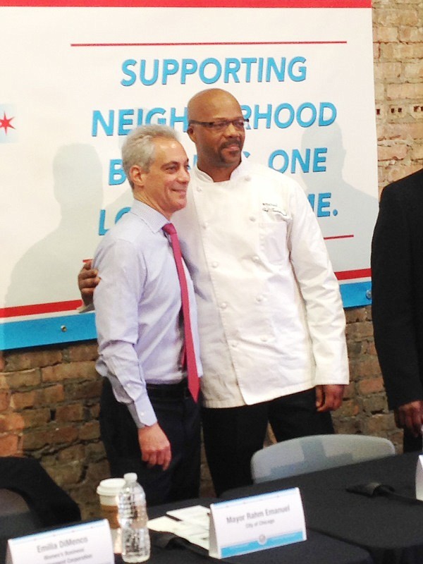 L-R Chicago Mayor Rahm Emanuel and Tsadakeeyah Emmanuel, owner of Majani Catering, 7167 S. Exchange Ave., pose before engaging in a roundtable discussion about Chicago’s expanding Small Business Opportunity Center Program (SBOCP).
