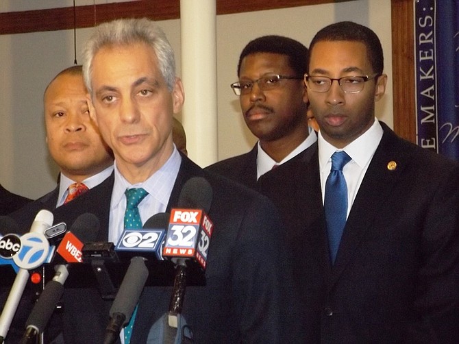 L-R Ill. State Rep. Ken Dunkin (Dist.-5th); Chicago Mayor Rahm Emanuel and Ill. State Rep. Christian Mitchell (Dist.-26th).