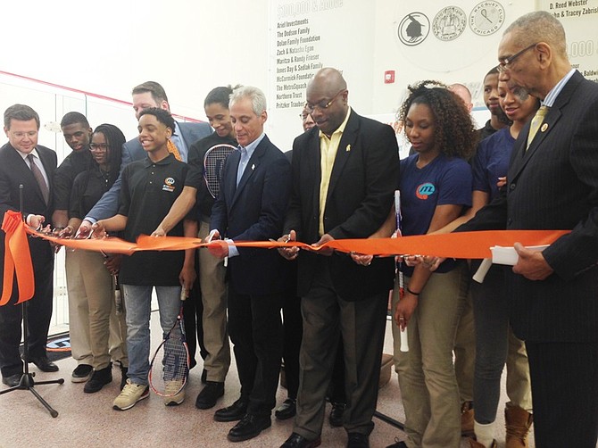 Chicago Mayor Rahm Emanuel (center), Ald. Willie Cochran (20th Ward) (center-right) and Cong. Bobby Rush (Dist.-1st) (far right) are joined by enthusiastic youth squash players for the ribbon cutting ceremony to open the MetroSquash academic and squash center located at 6100 S. Cottage Grove Ave.