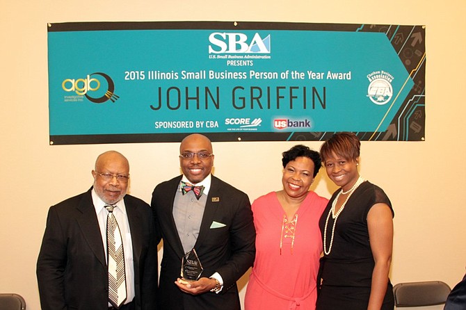 L-R William Garth, CEO, Chicago Citizen Newspaper/Chairman of Chatham Business Association, John Griffin, Jr., SBA’s 2015 Ill.Small Business Person of the Year, Melinda Kelly, Executive Dir., Chatham Business Association and Denitra Griffin, wife of John Griffin, Jr.
