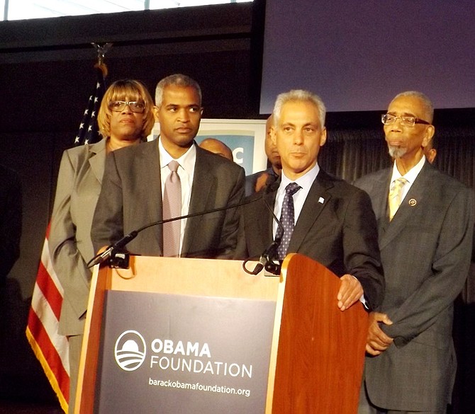 L-R Barack Obama Foundation Chairman, Martin Nesbitt; Chicago Ald. Pat Dowell, (3rd Ward) Chicago Mayor Rahm Emanuel and U.S. Cong. Bobby Rush (Dist.1st).