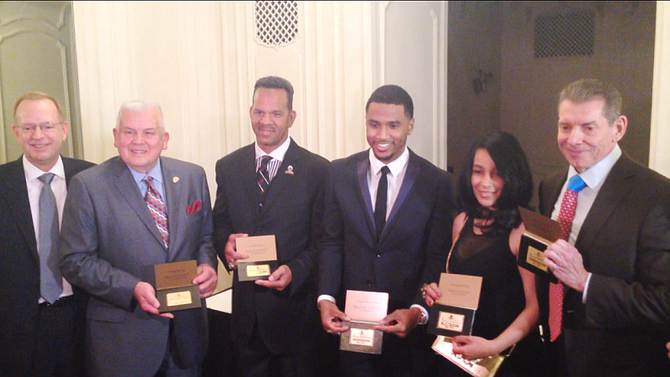  L-R Jim Clark, president and CEO of Boys & Girls Clubs of America; Larry Young, President and CEO of the Dr Pepper Snapple Group Inc.; Andre Reed, NFL Hall of Famer; Trey Songz, Grammy Award-nominated Singer, Producer/Actor; Monique Mosley, Business Executive and Fashion/Music Consultant for “Empire” and Vince McMahon, WWE CEO/Chairman were inducted into the  Boys & Girls Clubs of America Alumni Hall of Fame Class of 2015. 