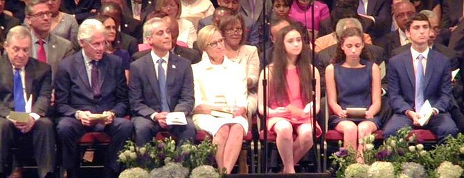 L-R  U.S. Senator Dick Durbin (IL-D), President Bill Clinton, Chicago Mayor Rahm Emanuel with wife Amy Rule, daughters,  Iliana, Leah, and son, Zachariah.
