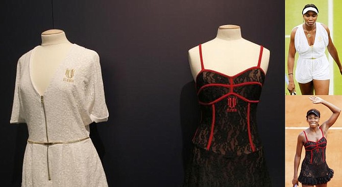 Dresses worn by U.S. tennis player Venus Williams in 2010 are displayed during an exhibition "Game, Set, and Fashion" at the Tennis museum of the Roland Garros Stadium, in Paris, France, Friday May 15, 2015. The exhibit has more than 60 pieces of women’s and men’s clothing on display, some that had never been shown before, as well as pictures, posters and a focus on the fashion designers who made tennis fashion.