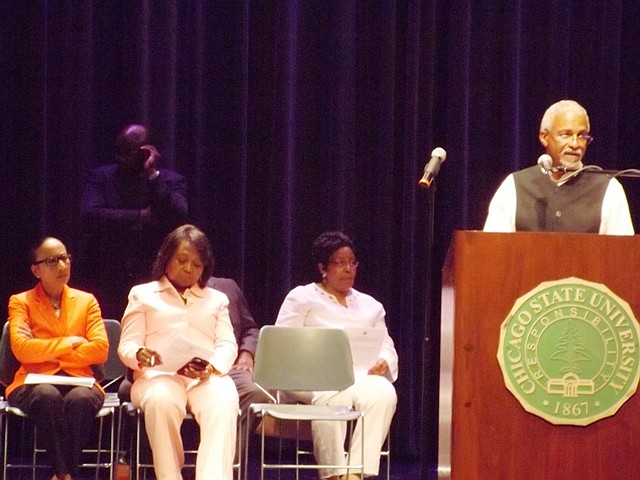 Ill. State Sen. Donne Trotter (Dist.-17th) address audience members who gathered for the Ill. Legislative Black Caucus "Stop the Cuts Rally" held June 25 at Chicago State University's Breakey Theater. Also in the photo L-R are Ill. State Sen. Jacqueline Collins (Dist.-16th); Ill. State Rep. Mary Flowers (Dist.-31st) and Ill. State Sen. Ester Golar (Dist.-6th) 