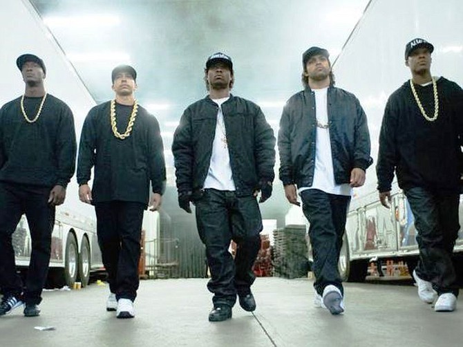 Aldis Hodge (left, as MC Ren) Neil Brown, Jr. (DJ Yella), Jason Mitchell (Eazy-E), O'Shea Jackson, Jr. (Ice Cube) and Corey Hawkins (Dr. Dre), in a scene from the film "Straight Outta Compton."