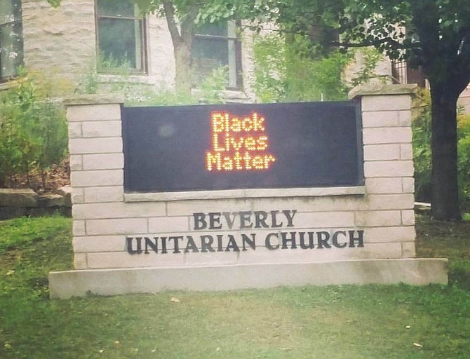 A sign that reads Black Lives Matter placed outside the Beverly Unitarian Church, located at 10244 S. Longwood Dr. in Chicago's Beverly neighborhood, has had a polarizing effect on residents there.
