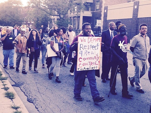 Protesters marched in the Kenwood neighborhood on Chicago's South Side earlier this month as part of an attempt to have Walter H.  Dyett High School open as a school specializing in science.