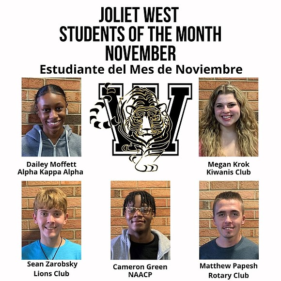 The Joliet West High School Students of the Month for November are Megan Krok, Kiwanis; Sean Zarobsky, Lions; Matthew Papesh, ...