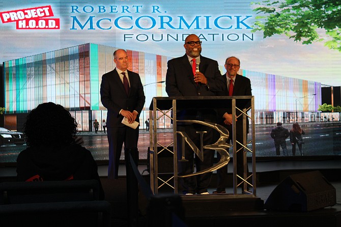 On Wednesday, Feb. 1, The Rev. Corey Brooks, Pastor of New Beginnings
Church and Founder of Project H.O.O.D, announced an $8 million matching gift donation from the Robert R. McCormick Foundation. The funds will go
towards the building of the Robert R. McCormick Leadership & Economic
Opportunity Center. PHOTO BY TIA CAROL JONES.