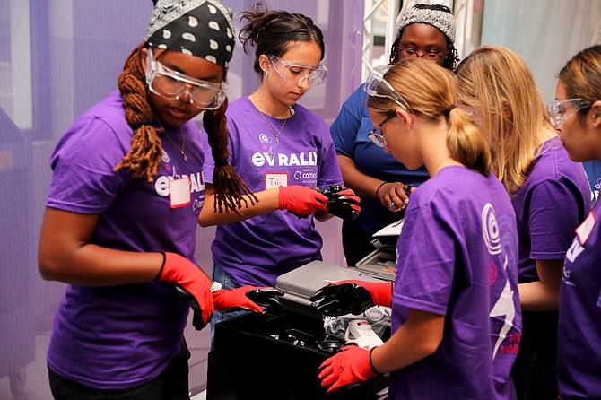 Violet Vortex – The ComEd EV Rally girls teenage girls ages 13-18 an opportunity to build an electric car they will race. It is an opportunity for them to get exposure to Science, Technology, Engineering, Arts and Mathematics (STEAM). Photo provided by ComEd.