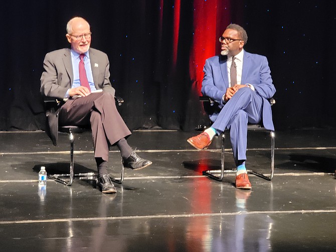 My Community Plan Foundation hosted a Mayoral Forum with Cook County Commissioner Brandon Johnson and Paul Vallas. Photo provided by My Community Plan Foundation.