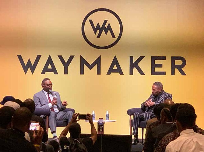 City of Chicago Mayor Brandon Johnson on the WayMaker Men’s Summit Stage with Founder Louis Carr. PHOTO BY TIA CAROL JONES.