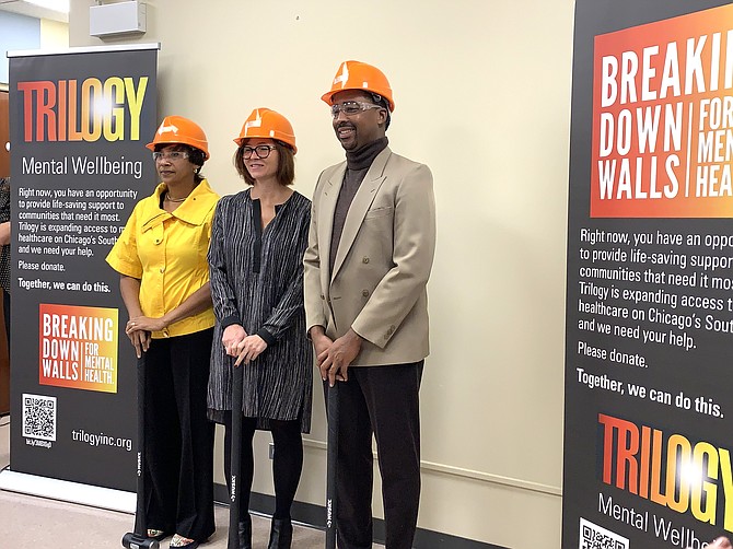 Trilogy Board Member Kimberly Casey, 6th Ward Alderman William Hall and President and CEO Susan Doig during a press conference at Trilogy’s Chatham location, 8541 S. State St. Photo by Tia Carol Jones.