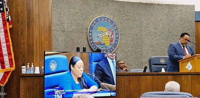 Cook County Commissioner Stanley Moore and Commissioner Monica Gordon during a hearing about missing and murdered Black women and girls. PHOTO PROVIDED BY FIFTH DISTRICT COOK COUNTY COMMISSIONER MONICA GORDON