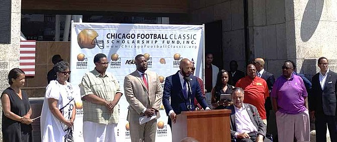 Fourth Ward Alderman Lamont Robinson was joined by CFC Co- Founder Larry Huggins, the athletic directors and coaches of both schools’ football teams and other elected officials during a recent press conference announcing the 2024 Chicago Football Classic event set for September 21st at Soldier Field. PHOTO BY TIA CAROL JONES.