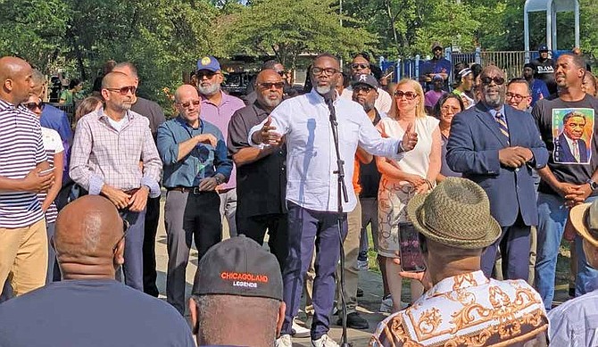 City of Chicago Mayor Brandon Johnson talks about investing in the community during the Take Back the Block activation in Grand Crossing. PHOTO BY TIA
CAROL JONES