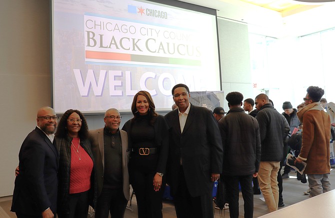 Chicago Aldermen from left to right--5th Ward Alderman Desmon Yancy, 37th Ward Alderman Emma Mitts, 27th Ward Alderman Walter Burnett, 16th Ward Alderman Stephanie Coleman, 28th Ward Alderman Jason Ervin