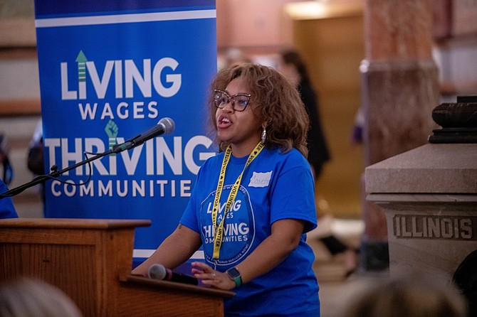 Cosette Ayele, Director of Advocacy and Workforce Initiatives at Illinois Partners, during the Living Wages, Thriving Communities Campaign’s Fair Pay Rally in Springfield. Photo by Aaron Cynic.