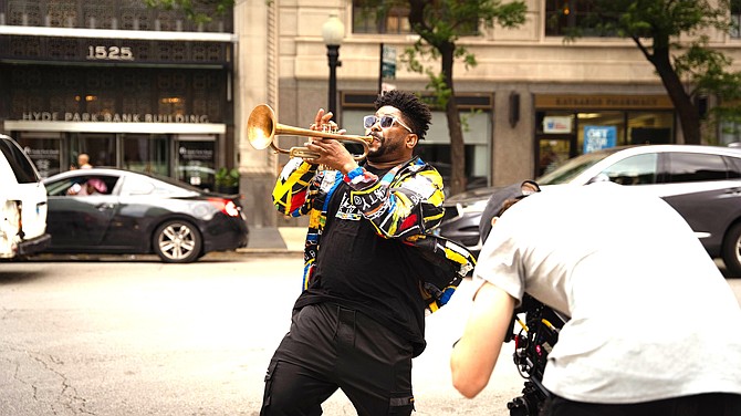 Musician Corey Wilkes is featured in the Flyover Experience at Navy Pier. Photo provided by Flyover.