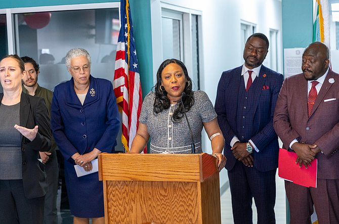 cook County Clerk Monica Gordon speaks at the Grand Opening of the Roseland Defense Fund ribbon cutting ceremony.  Photo provided by STH Media