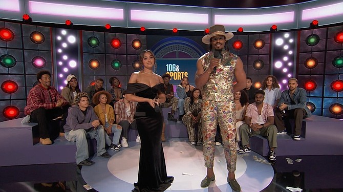 Ashley Nicole Moss and Cam Newton announce their new show 106 & Sports during the BET Awards 2025. (Credit: BET Networks)