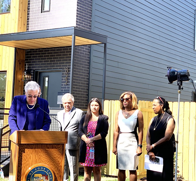 Cook County President Toni Preckwinkle during the ribbon cutting for two modular homes. Photo by Tia Carol Jones.