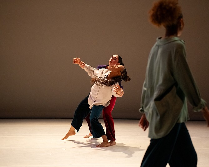 left to right) Red Clay Dance Company’s Chantal' Hill, Melina Bezanis and Amaya Arroyo perform “Field: New Ground” by Bebe Miller. Credit MReid Photography.