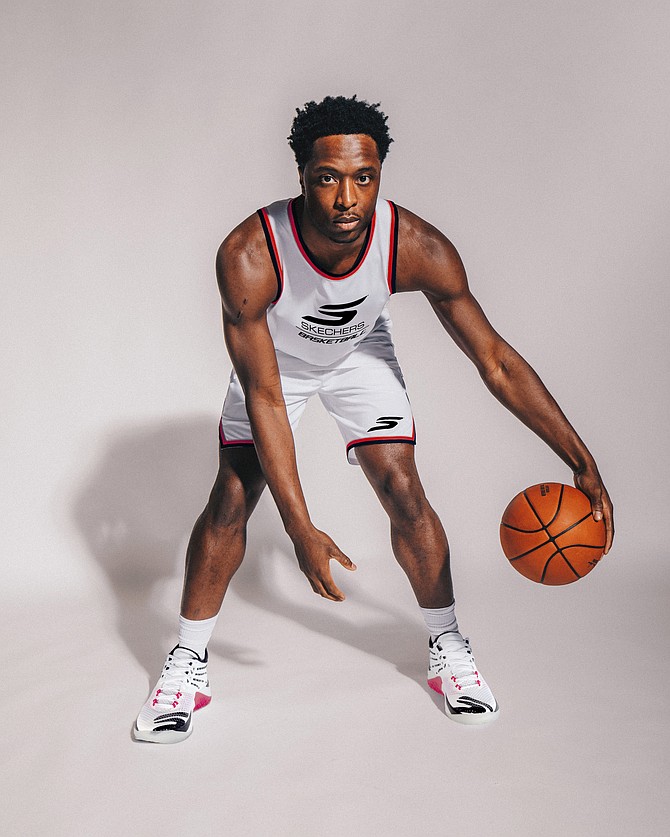 New York Knicks forward OG Anunoby is game-ready in Skechers Basketball shoes. Skechers.