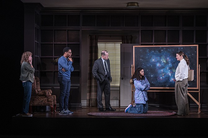 (left to right) Ensemble members Caroline Neff, Namir Smallwood and Tim Hopper, Emilie Maureen Hanson and ensemble member Kate Arrington in Steppenwolf Theatre Company’s Chicago premiere of Mr. Wolf. Photo by Michael Brosilow.
