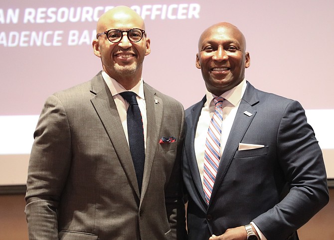 (l to r) Cadence Bank's Jerrell Moore, senior EVP and chief human resources officer, and SIAC Commissioner Anthony Holloman, Ed.D. announce Cadence Bank as the official banking sponsor of the Southern Intercollegiate Athletic Conference (SIAC), furthering the bank's vision of helping people, companies and communities prosper. Photo courtesy of SIAC/Jaymonte McLeod.